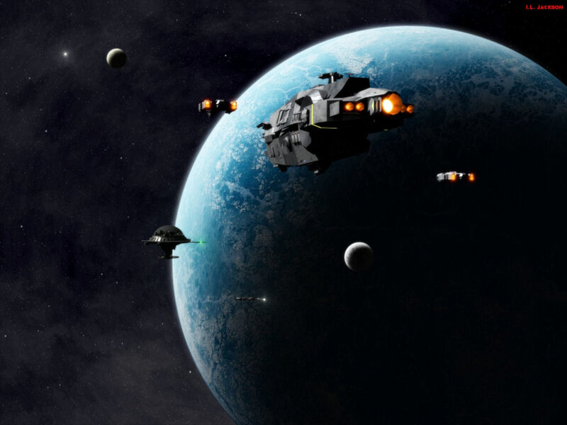 Spaceships Near Planet — Blue, Dramatic, Night, Digital Art