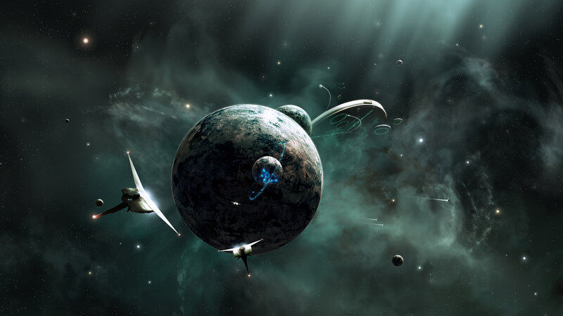Spaceships Near Planet — Green, Dramatic, Digital Art