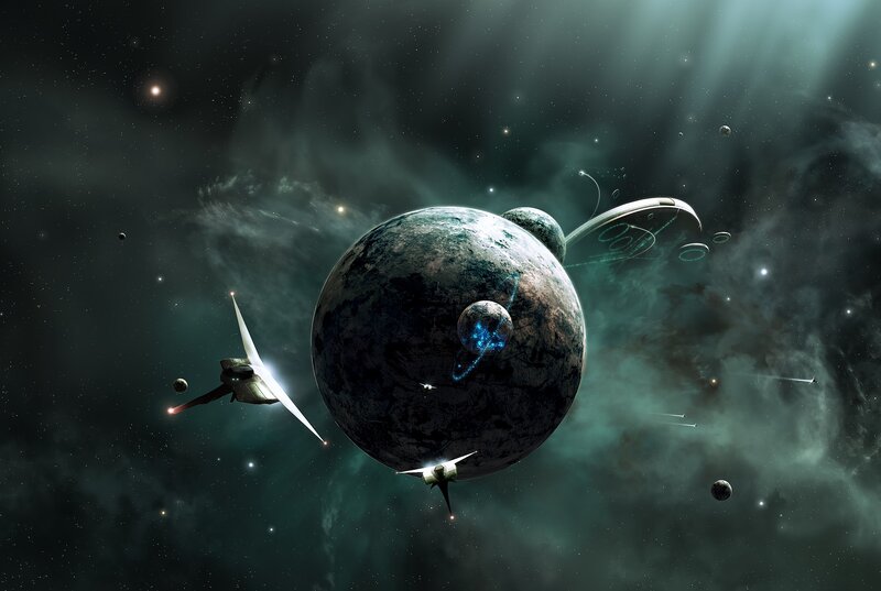 Spaceships Near Planet — Green, Dramatic, Night, Digital Art, Moon