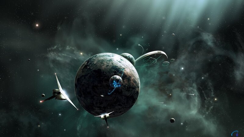 Spaceships Near Planet — Green, Dramatic, Night, Digital Art