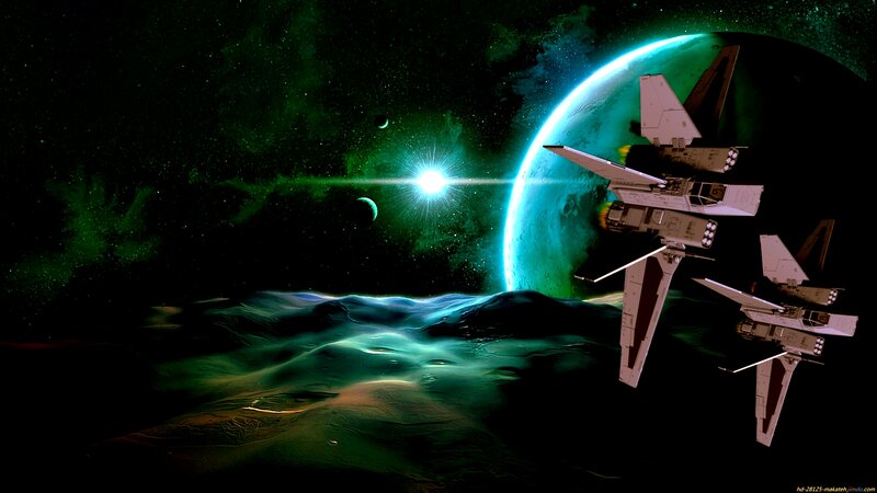 Spaceships Near Planet — Green, Dramatic, Night