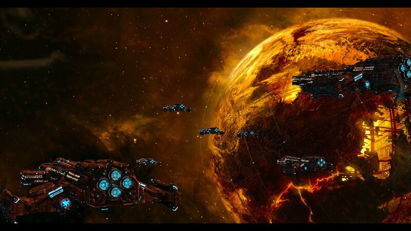 Spaceships Near Planet — Orange, Dramatic, Digital Art