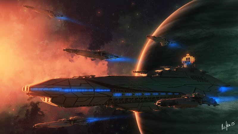 Spaceships Near Planet — Orange, Dramatic