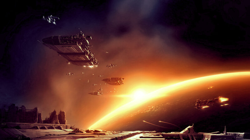 Spaceships Near Planet — Orange