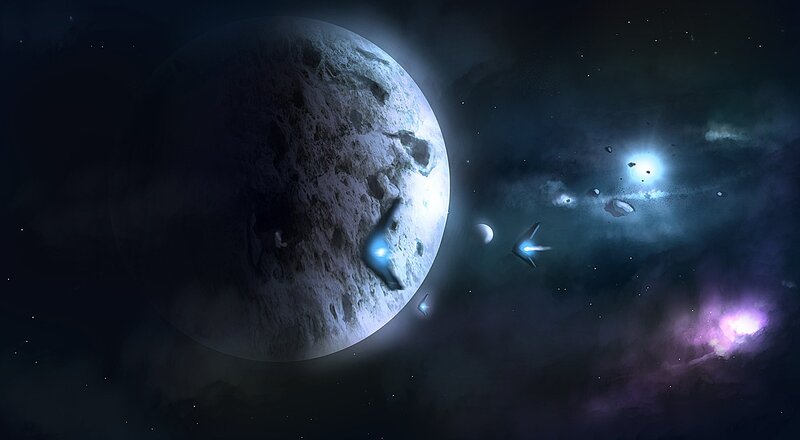 Spaceships Near Planet — Purple, Dramatic