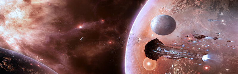 Spaceships Near Planet — Red, Dramatic, Digital Art, Moon, Spacecraft
