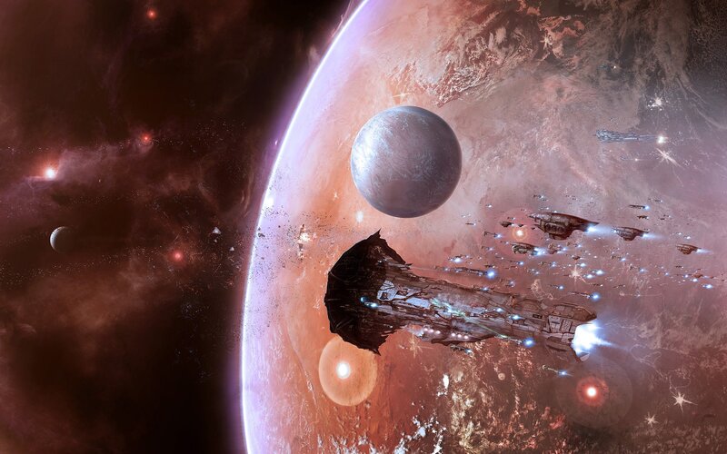 Spaceships Near Planet — Red, Dramatic, Digital Art, Moon