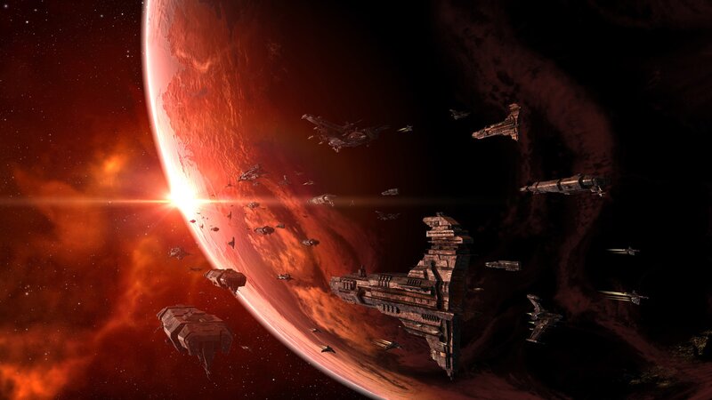 Spaceships Near Planet — Red, Dramatic, Sunset