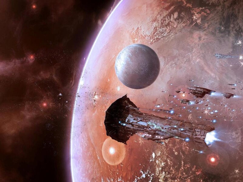 Spaceships Near Planet — Red
