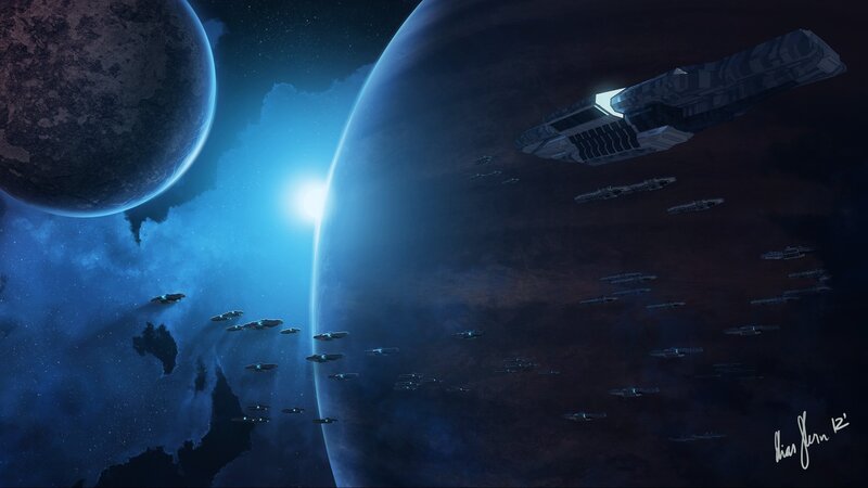 Spaceships Near Planets — Blue, Dramatic, Night, Digital Art