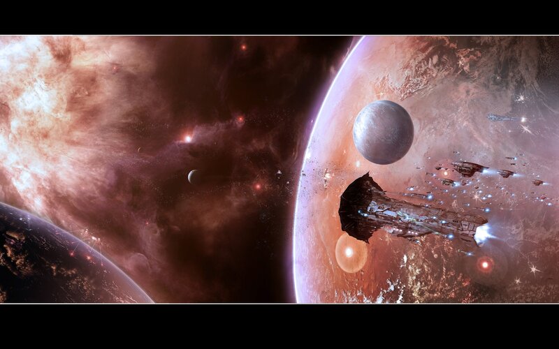 Spaceships Near Planets — Red, Dramatic, Digital Art