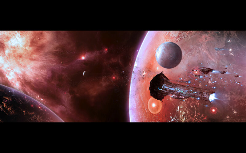 Spaceships Near Planets — Red, Dramatic