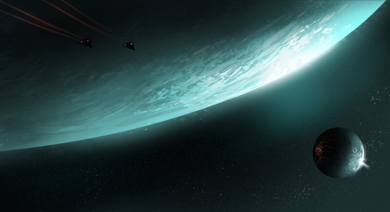Spaceships Near Planets — Teal, Dramatic