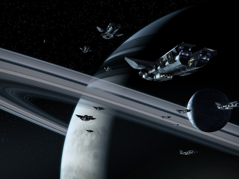 Spaceships Near Ringed Planet — Black