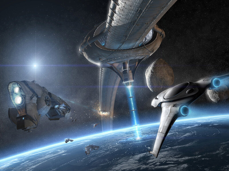 Spaceships Near Space Station — Blue, Dramatic, Digital Art