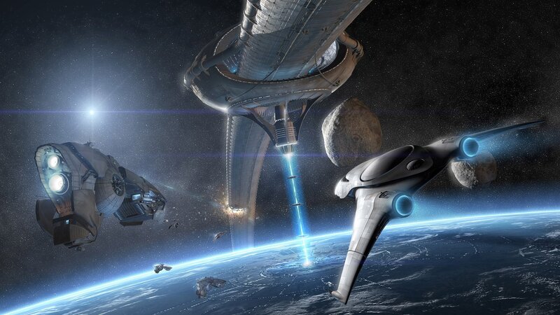 Spaceships Near Space Station — Blue, Dramatic