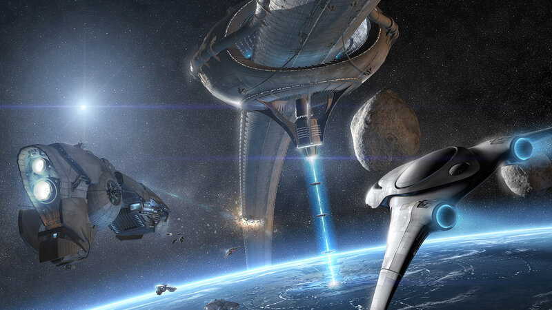 Spaceships Near Space Station — Blue