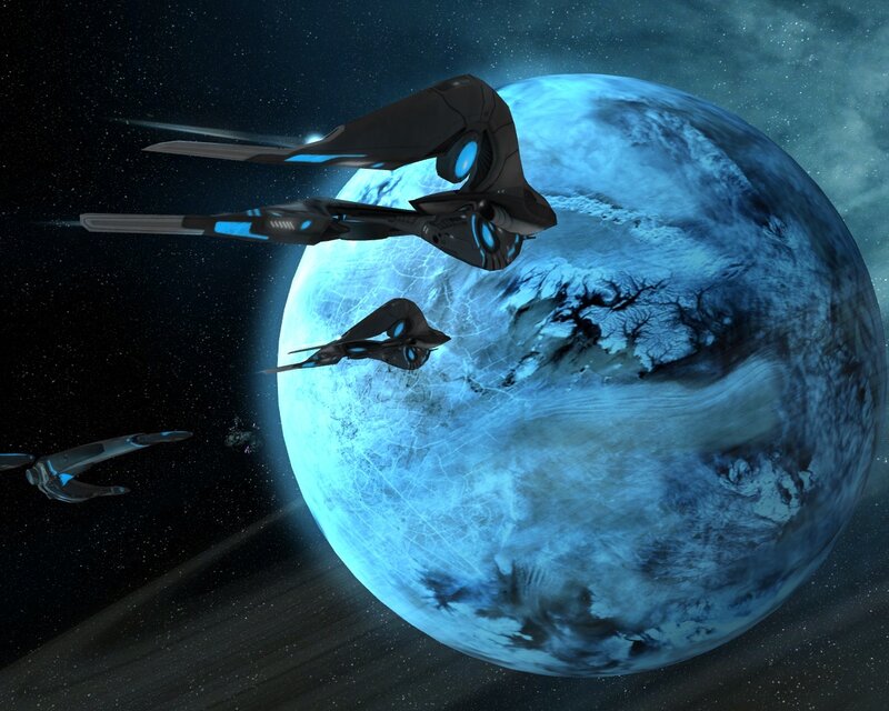 Spaceships orbiting a blue planet