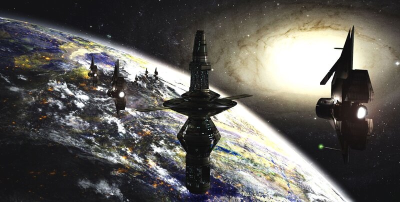 Spaceships Orbiting Planet — Black, Dramatic