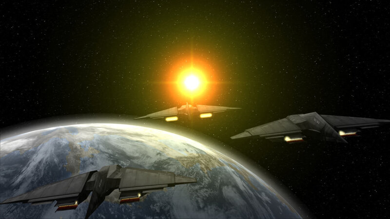 Spaceships Orbiting Planet — Black