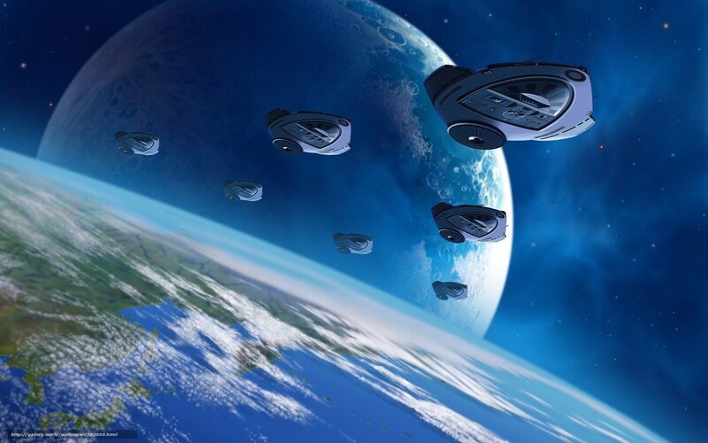 Spaceships Orbiting Planet — Blue, Dramatic, Digital Art
