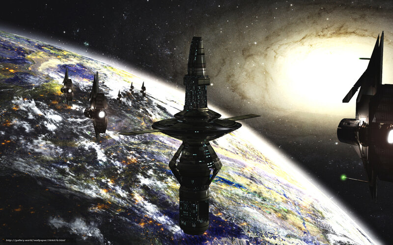 Spaceships Orbiting Planet — Blue, Dramatic, Night