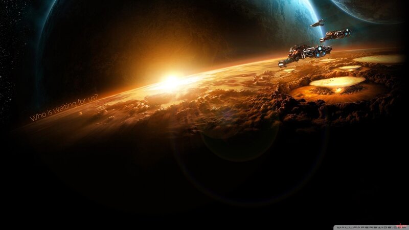 Spaceships Orbiting Planet — Orange, Dramatic