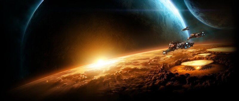 Spaceships Orbiting Planet — Orange
