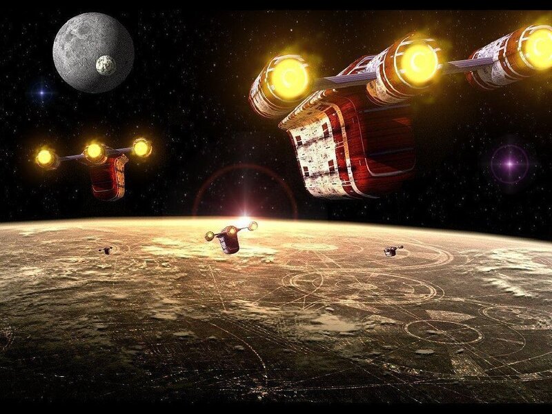 Spaceships Orbiting Planet