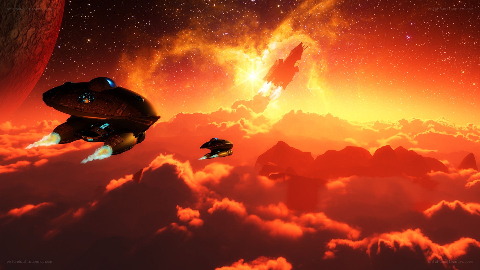 Spaceships over a fiery planet