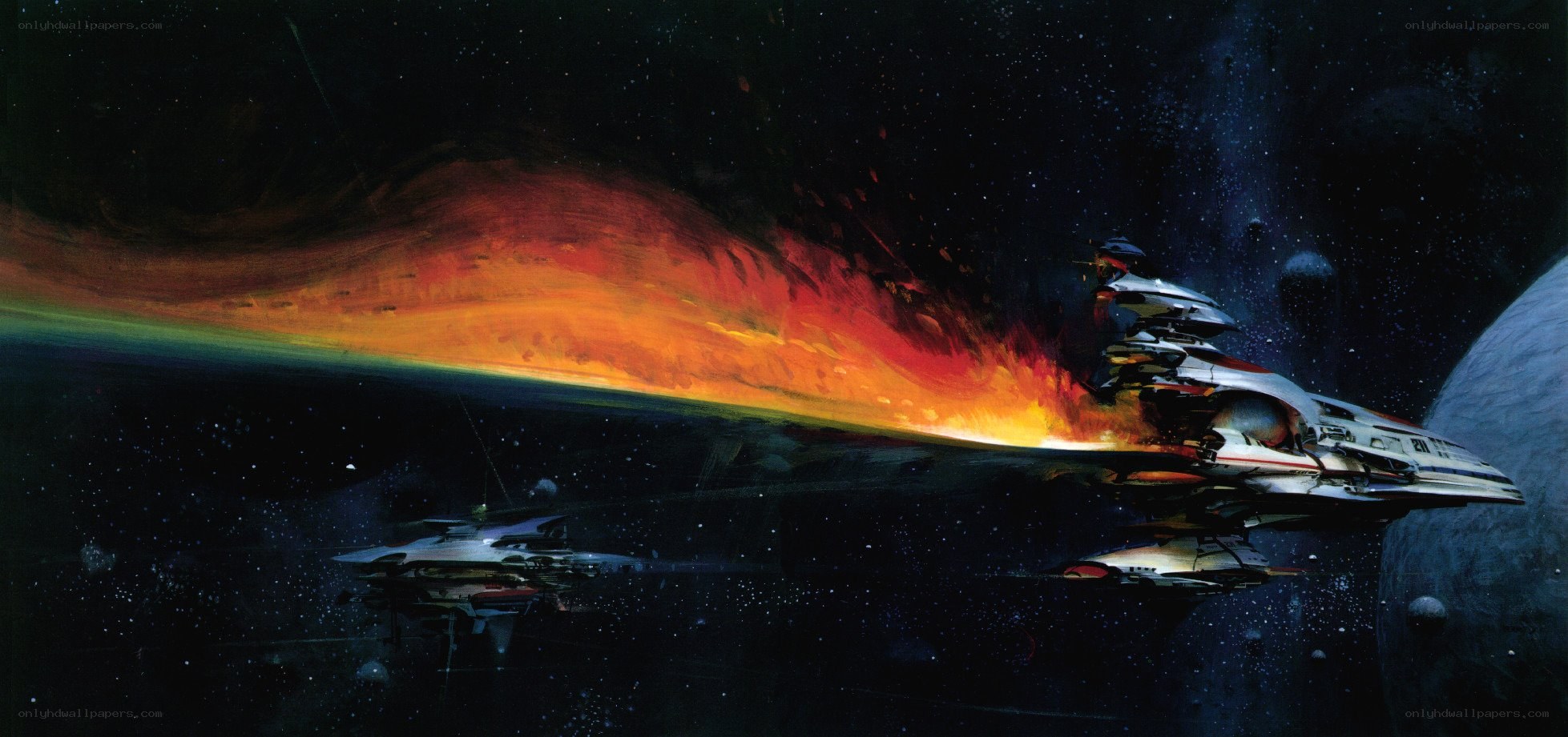 Spaceships over a fiery planet
