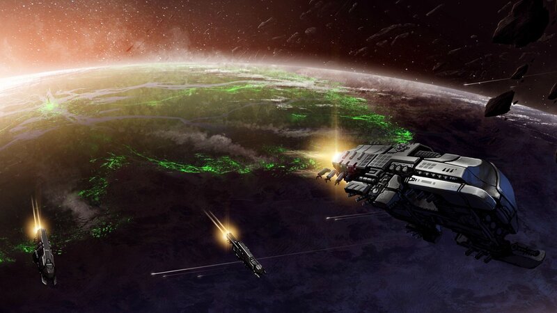 Spaceships over a green planet