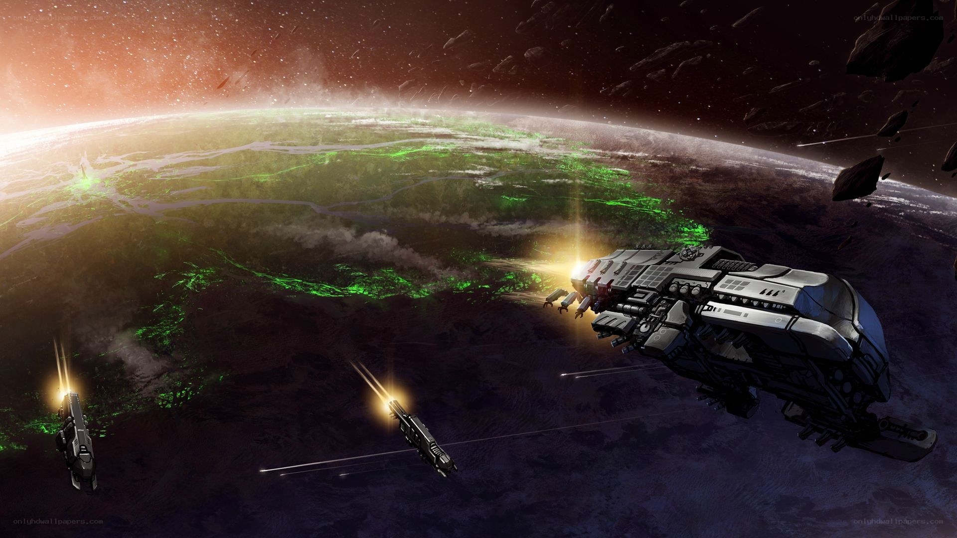 Spaceships over a green planet