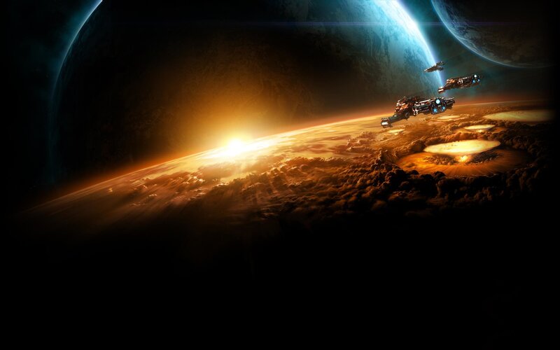 Spaceships over alien planet