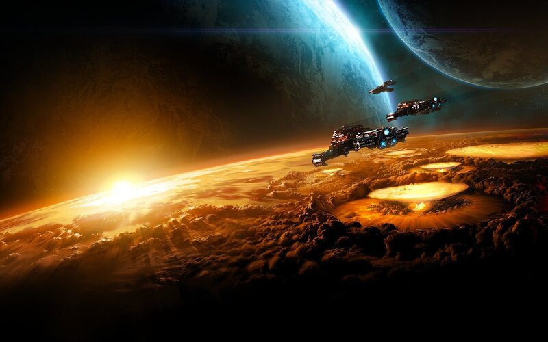 Spaceships over alien planet