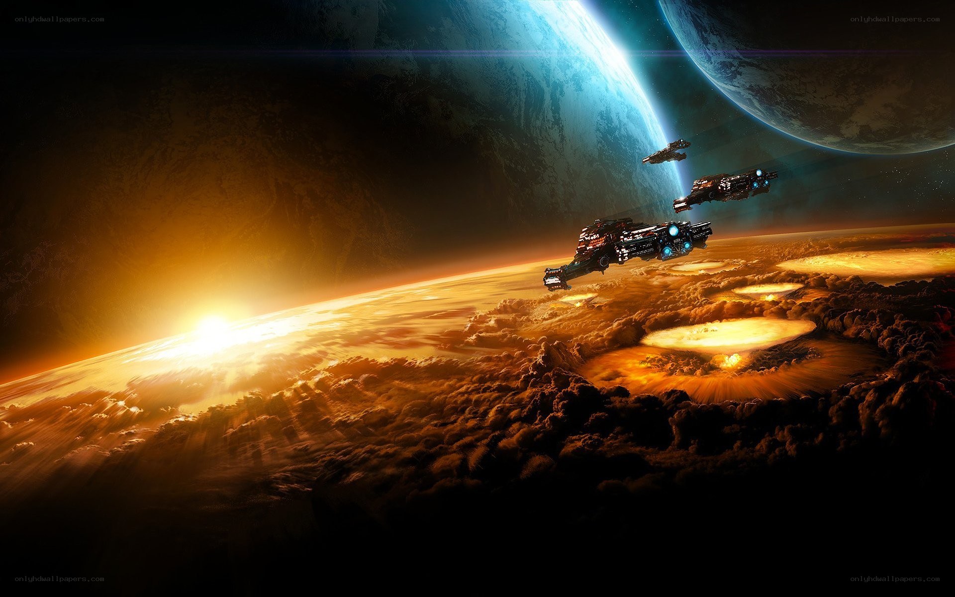 Spaceships over alien planet