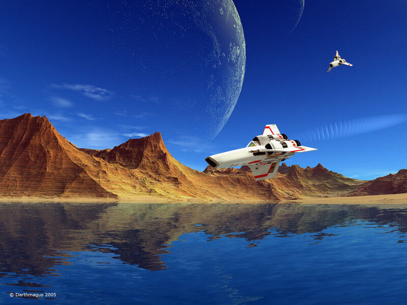 Spaceships over Alien Planet — Blue