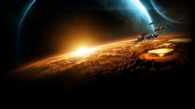 Spaceships over alien planet