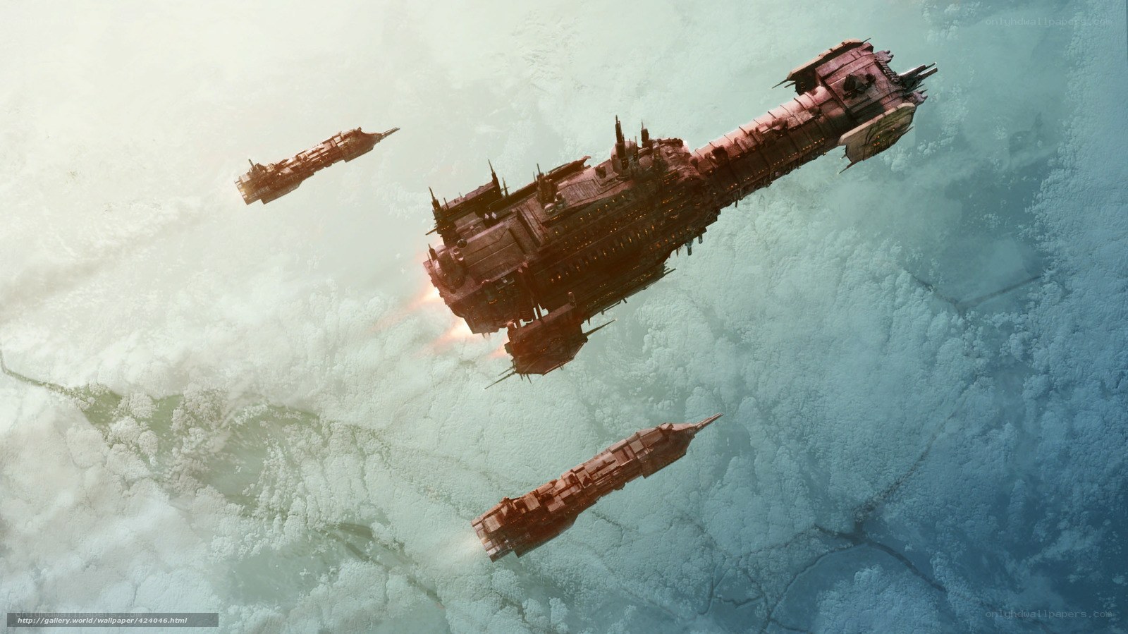 Spaceships over icy planet