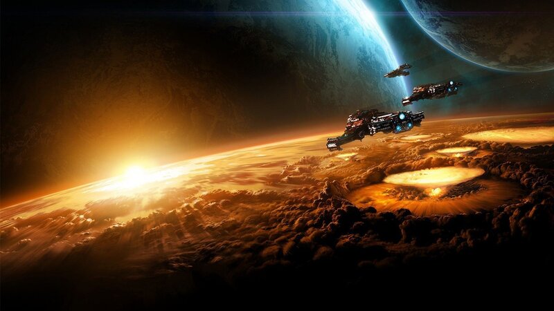 Spaceships over Planet — Orange, Dramatic, Sunrise, Digital Art, Clouds