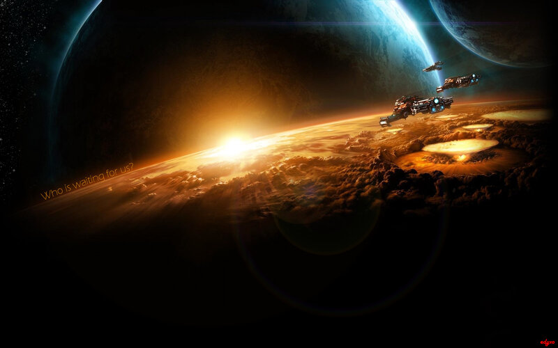 Spaceships over Planet — Orange, Dramatic, Sunrise