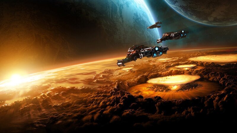 Spaceships over Planet — Orange, Dramatic, Sunset, Digital Art, Spacecraft, Sun