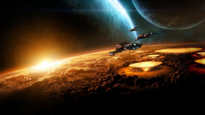 Spaceships over Planet — Orange, Dramatic, Sunset, Digital Art, Spacecraft