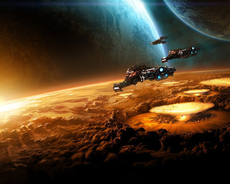 Spaceships over Planet — Orange, Dramatic, Sunset, Digital Art