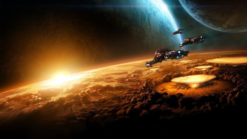 Spaceships over Planet — Orange, Dramatic, Sunset