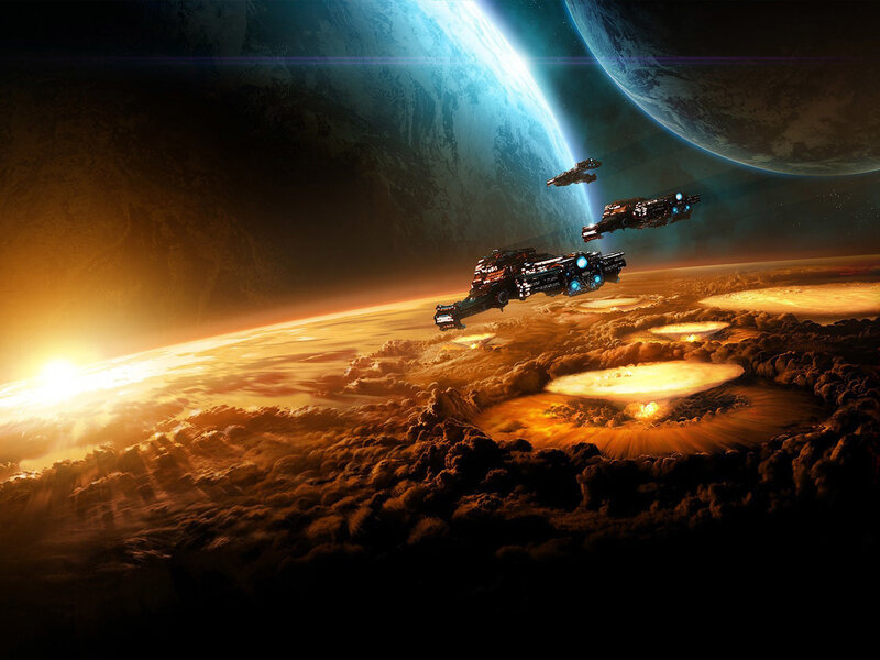Spaceships over Planet — Orange, Dramatic