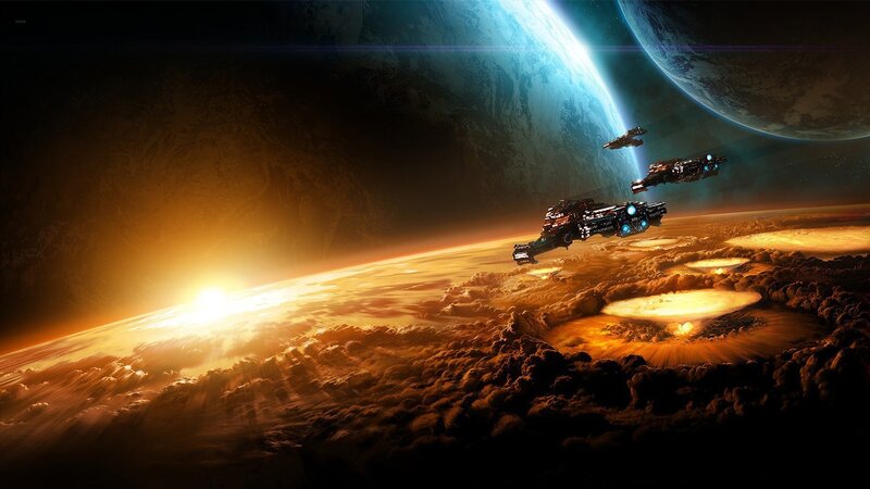 Spaceships over Planet — Sunset