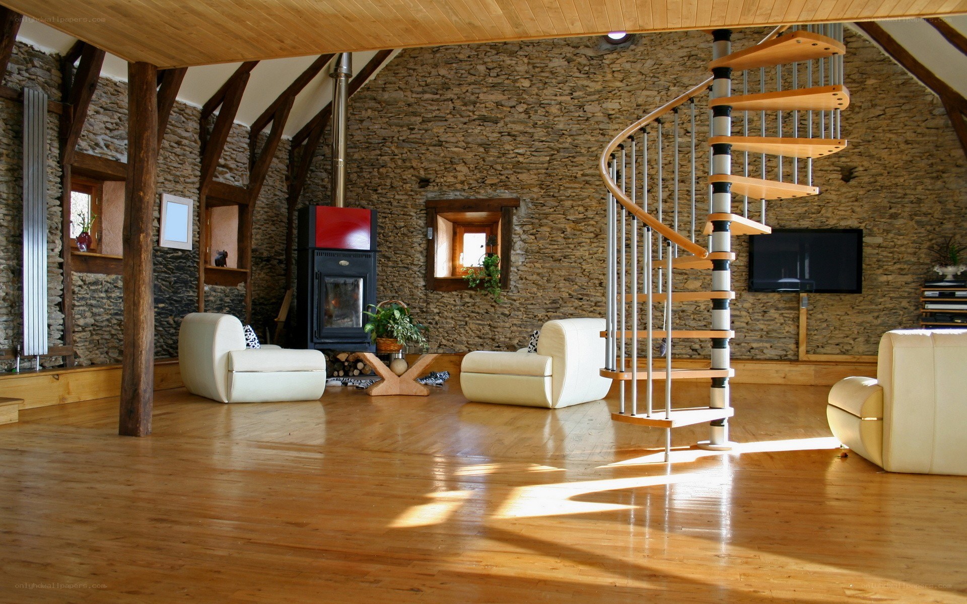Spacious living room with spiral staircase