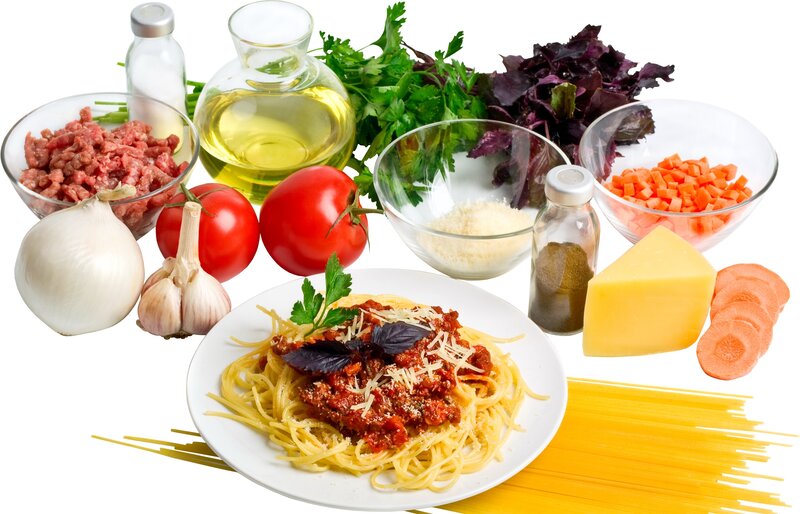 Spaghetti ingredients and dish