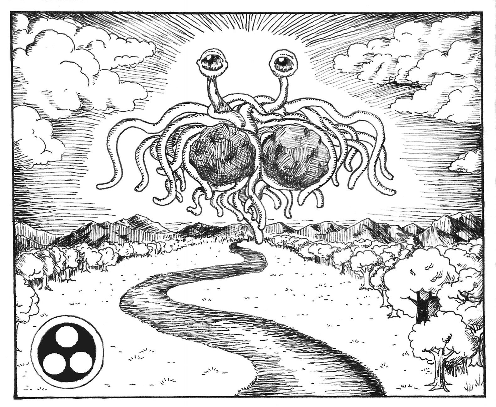 Spaghetti monster over landscape